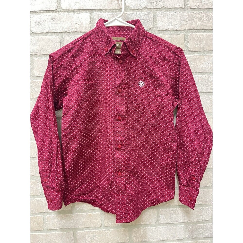 Ariat Boys Button down long sleeve shirt Sz M 10-12 Red casual shirt stretch